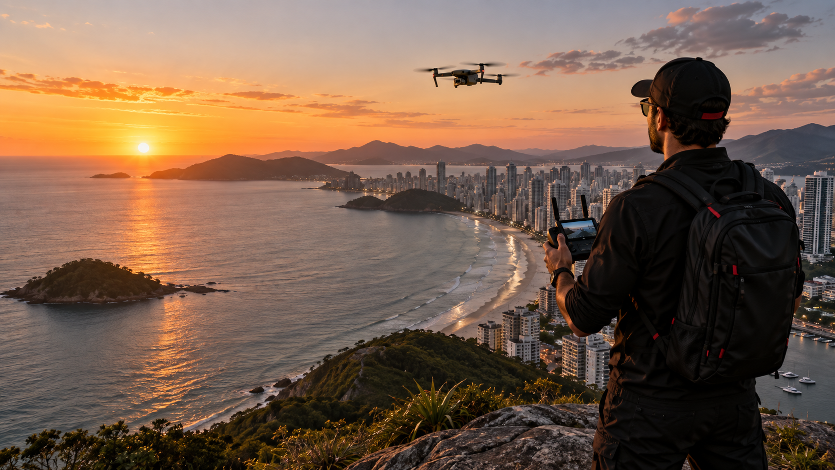 Operador de drone em cenário litorâneo